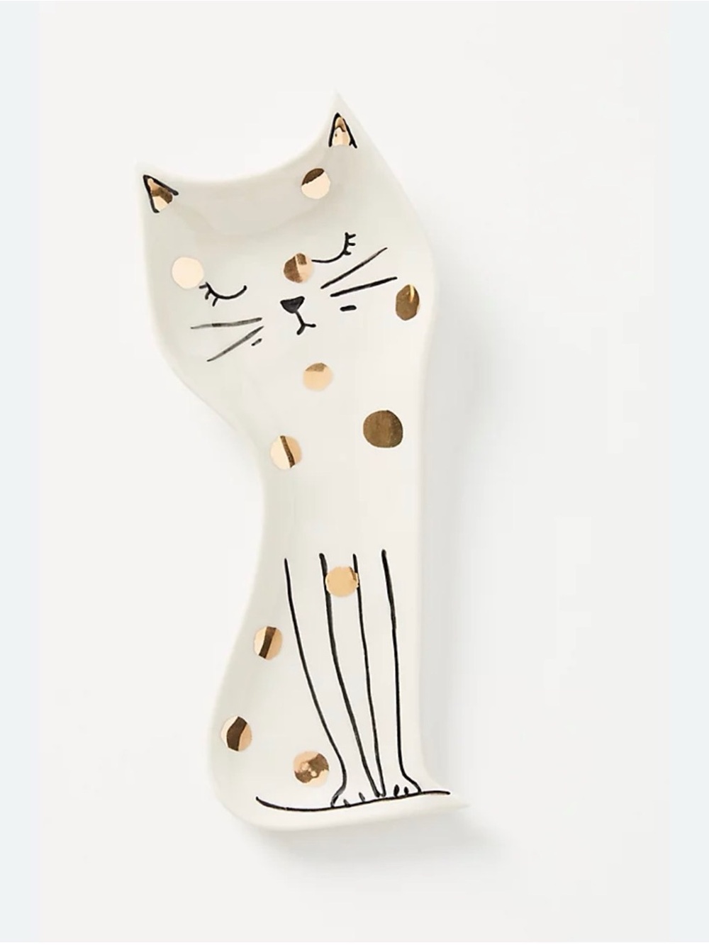 Anthropologie Gold Polka-Dot Cat Spoon Rest Cream & Black 8” Tall